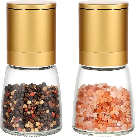 Vucchini Gold Salt and Pepper Grinder Mill | Adjustable Coarseness Ceramic Brass Spice Grinder Shaker - Refillable Glass Pepper Grinders for Home Golden