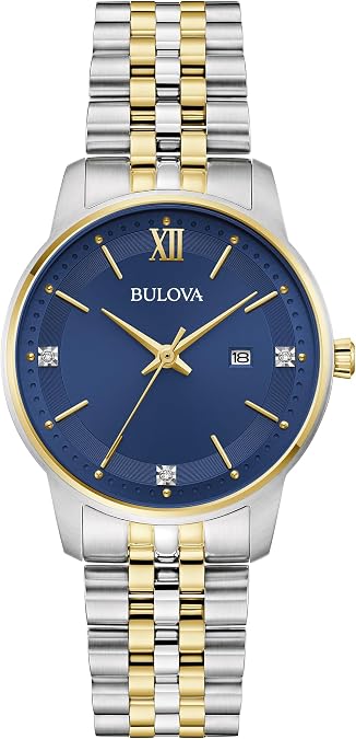 Bulova Ladies Classic 3-Hand Diamond Quartz Two Tone Stainless Steel Watch, Blue Dial Style:98P233