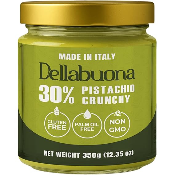 Dellabuona CRUNCHY Pistachio Cream VALUE JAR 12.34 oz (350 g) Glass Jar Smooth and velvet with Pistachio Crunch, Non-GMO, Gluten Free, No Palm Oil, Crema di Pistacchio from Italy Ideal for Dubai Chocolate