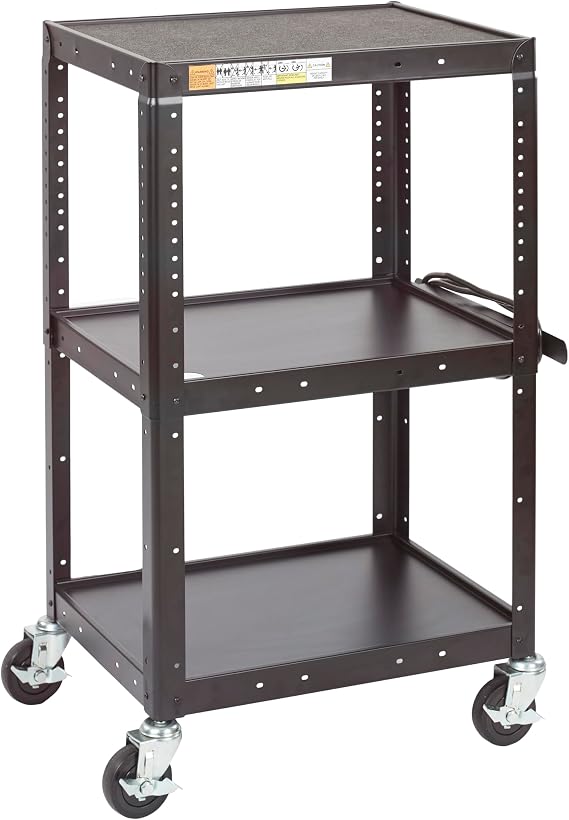 ECR4Kids Mobile AV Presentation Media Cart, Technology Trolley, Black | Adjustable shelves, tactile top, 6-outlet power strip surge protector, cord winder to reduce clutter for classrooms & offices