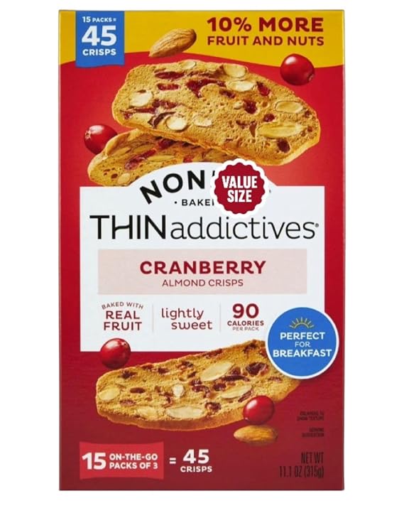 Noniis Cranberry Almond Thin Crisps, 45 Crisps (15 Packs of 3), Biscotti Cookies, Snack, Individually Wrapped