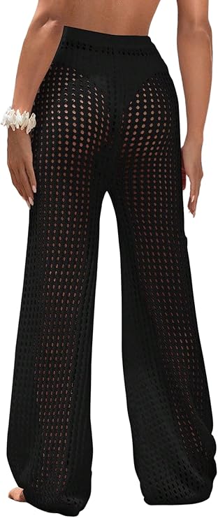 COZYEASE Women's Crochet Pants Wide Leg Beach Cover Up Vacation Outfits | Hollow Out, Sheer Mesh, Drawstring Elastic Waist, Beach Pants for Swimwear, Summer Resort Wear