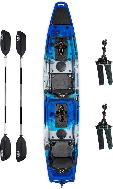 BKC Brooklyn 14.0 Tandem Pedal Kayak, Dual Flipper Drive, 14 ft | Dual flipper pedal drives, rudder steering, 750 lb capacity, 2 seats for tandem or solo, rod holders, storage hatches