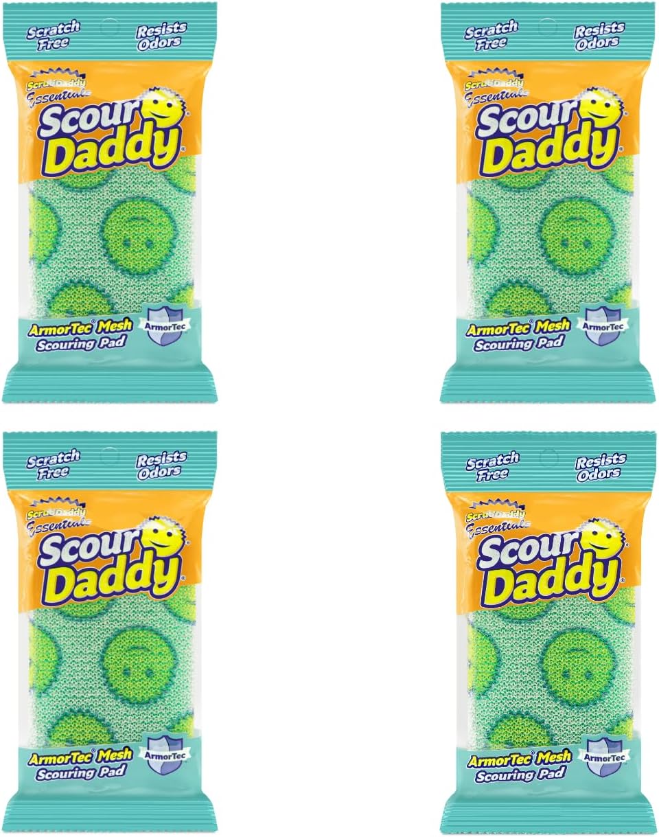Scrub Daddy Scour Daddy Essentials, Scourers Sponge, Non Scratch Scouring Pads, Heavy Duty Scourer Pad for Cleaning Dishes, Alternative to Metal Kitchen Scourers, Washing Up Dish Sponges, Pack of 4
