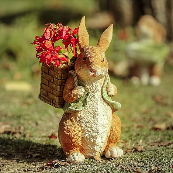 Rabbit Garden Statue Outdoor Decor, Succulent Flowerpot Resin Figurine Decoration for Lawn, Yard, Patio, Porch, Shelf (Basket Style)