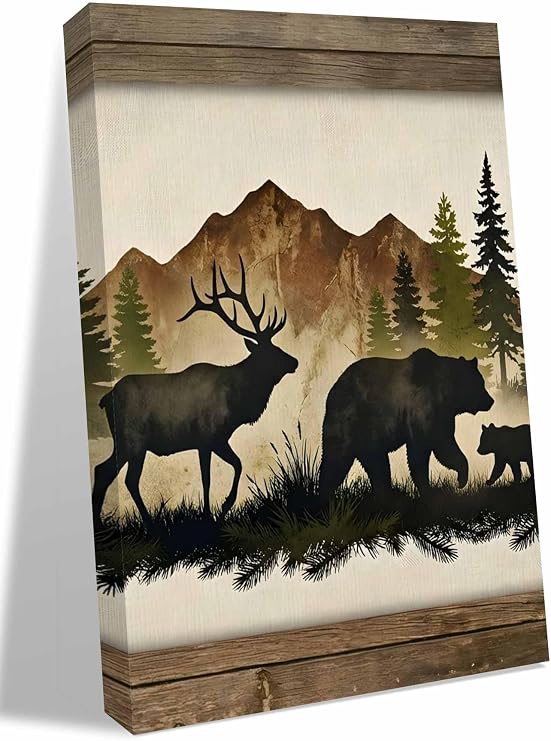 NuYeBiofx Animal Elk Bear Silhouette Canvas Wall Art Prints,40"x28" Framed Picture Artwork Mountain Range Forest Printed Canvas Oil Painting for Living Room Bedroom Office,Ready to Hang