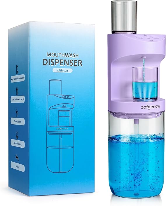 ZOFGENOW Automatic Mouthwash Dispenser for Bathroom,Bathroom Accessories 19.4 Fl Oz Dispensers with Magnetic Cups,Wall Mounted Dispenser,Suitable for All Age Groups,Purple