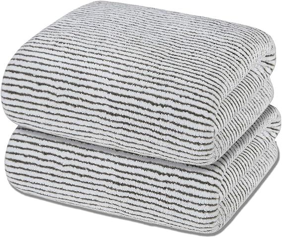 Microfiber Bath Towel, Soft and Super Absorbent Bathroom Shower Towel, Plush Drying Off Towel, Multipurpose Use for Hotel, Gym, Sports, Swimming, Travel, Fitness 2 Pack (70" x 35", Grey White Stripe)