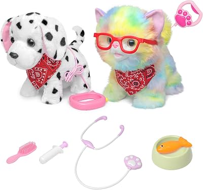 YH YUHUNG Walking Rainbow Cat and Dalmatian Toy with Remote Control Leash-Walks, Meows, Barks, Eats