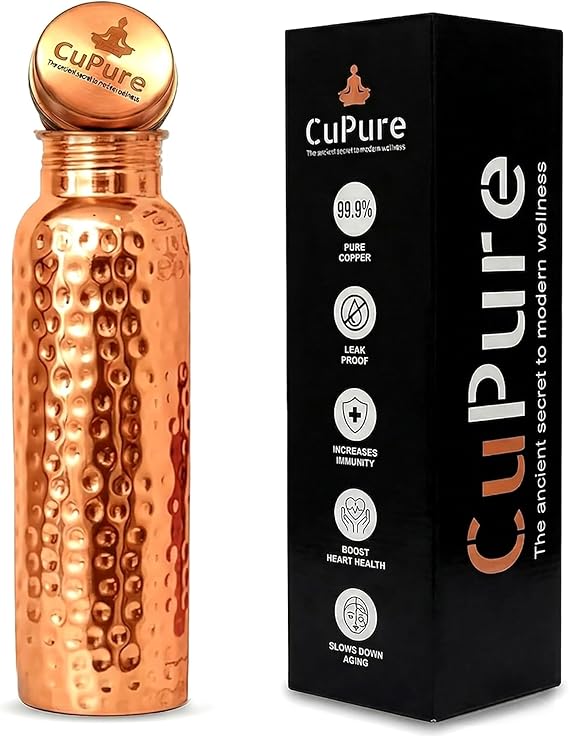 Pure Copper Ayurvedic Water Bottle | Leak-Proof Hammered Vessel for Drinking| Ideal for Home, Office,Gym &Yoga-32 Oz -Copper