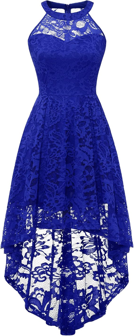 Dressystar Women's Halter Lace Cocktail Wedding Guest Dress Hi-Lo Bridesmaid Party Dresses with Sheer Neckline