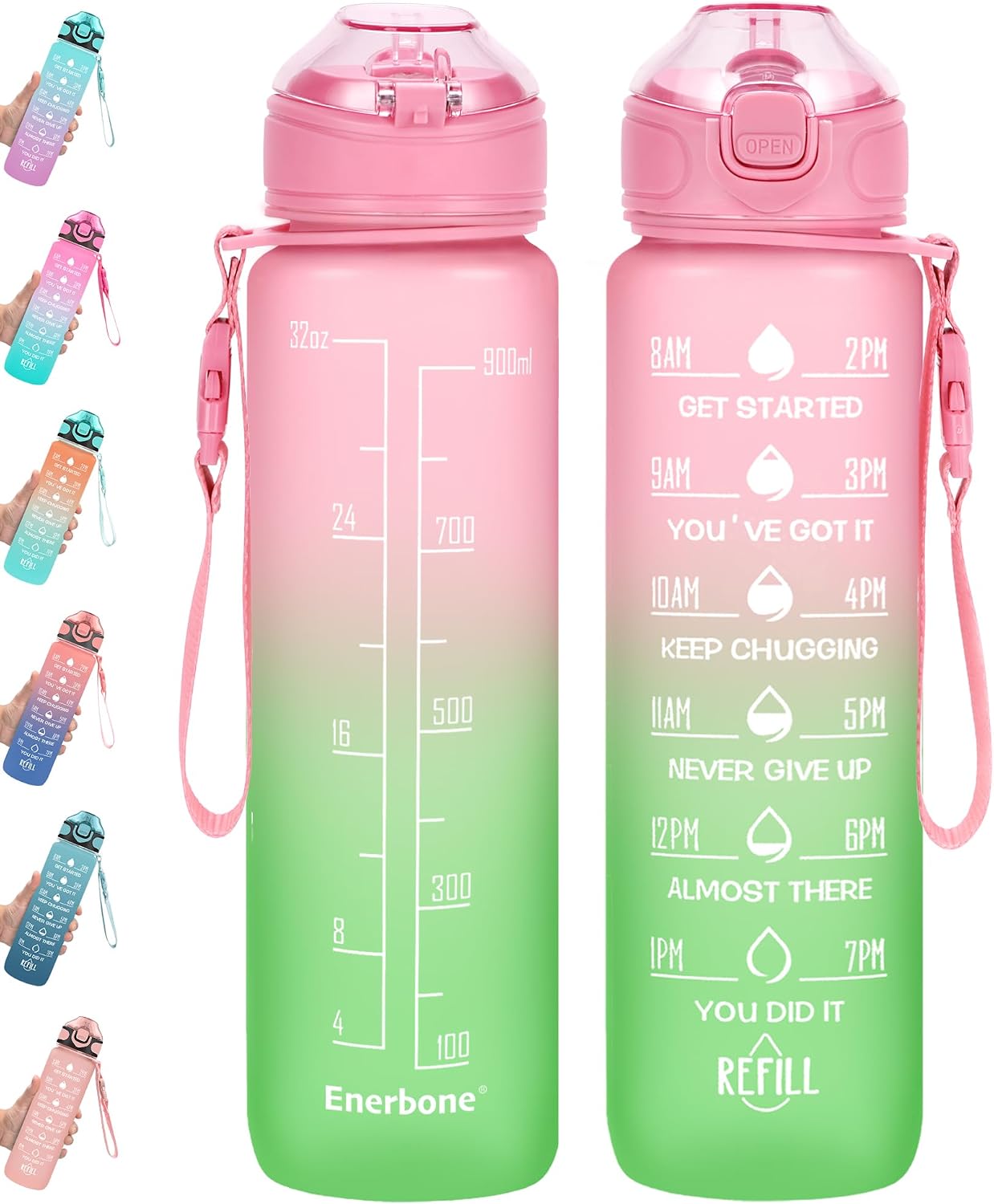 Enerbone 32 oz Water Bottle with Times to Drink and Straw, Motivational Drinking Water Bottles with Carrying Strap, Leakproof BPA & Toxic Free, Ensure You Drink Enough Water for Fitness Gym Outdoor