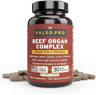 Paleo Pro O.G. Blend Premium Beef Organs Capsules, Kidney, Heart, Liver, Spleen and Pancreas from Grass Fed & Pastured Cows, Dietary Supplement, No GMO, 180 Capsules Beef Organ Complex