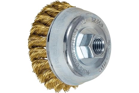 PFERD Standard Twist Knot Cup Brush, Brass Wire, 3-1/2" Diameter, 5/8-11 External Thread, 0.014 Wire Size, 7/8" Trim Length, 12500 RPM, POP Packaging - Part 82368