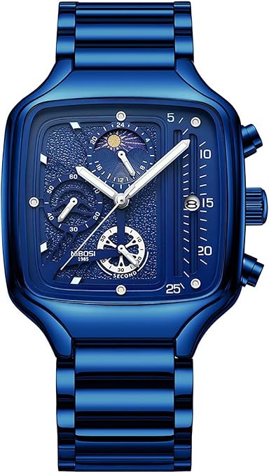 Gosasa Creative Mens Watch Moon Phase Chronograph Square Business Watch for Men Date Waterproof Fashion Quartz Male Wristwatch Luminous Stainless Steel