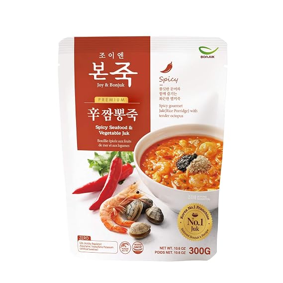 BONJUK Spicy Seafood & Vegetable Juk Rice Porridge - Ready to eat meal 300g, Easy to prepare porridge pouch