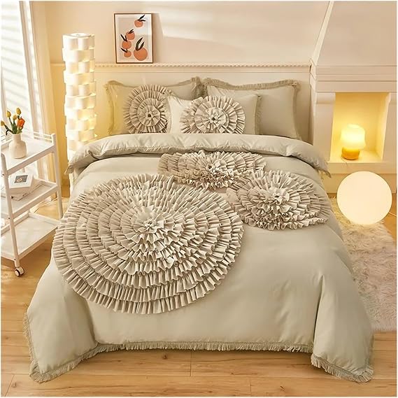 4Pcs Premium Stereoscopic Embroidery 100% Cotton Beddingset Soft Chic Tassels Ruffle Edge Duvet Cover Bedsheet Pillowcases,Bedding(A,Fitted Bed Sheet-King 4PCS)