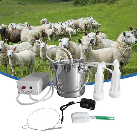 Goat Milking Machine, 3L Stainless Steel Bucket, Electric Automatic Pulsation Vacuum Milker, Portable Milker with Food-Grade Silicone Cups and Tubes, Adjustable Suction for Sheep