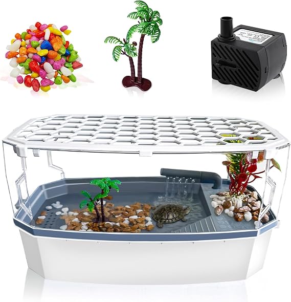 Turtle Tank Kit 3 Gal Escape-Proof Acrylic with Basking Filter Pump Lid | Clear View, Multi-Zone Basking & Swim, Silent Pump, Locking Lid, Easy Clean, Compact Desktop, For Hatchlings