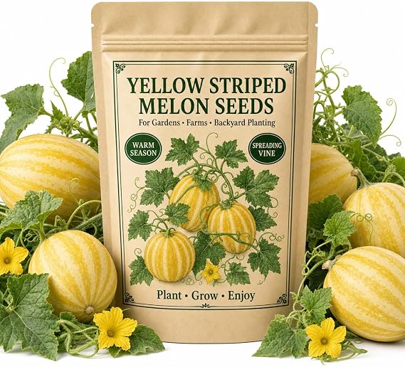 Yellow Striped Melon Seeds 120 Seeds for Planting Sweet Oval Garden Melon for Home Growing