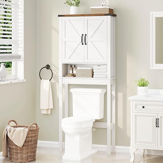 Halitaa Over The Toilet Storage Cabinet, Farmhouse Over Toilet Bathroom Organizer with 2 Barn Doors, Narrow Above Toilet Storage Cabinet, Behind Toilet Bathroom Organizer, White