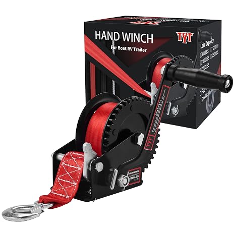 TYT 1600lb Boat Trailer Winch with 8M Red Strap, 2 Way Ratchet Hand Crank Strap Winch with Strong Hook, Heavy Duty Steel Construction Manual Gear Winch for RV Jet Ski Boat Trailer Towing Pulling Winch
