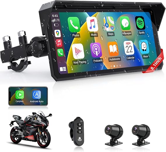 8.1" 4K Motorcycle CarPlay Screen w 4K Dash Cam IPX7 GPS Voice Control