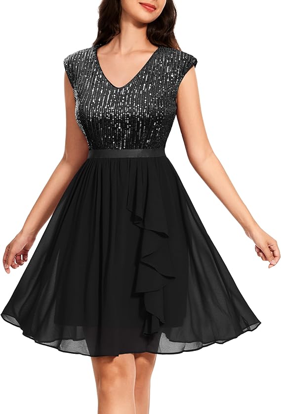 Wedtrend Women's Sequin Dress Sparkly Cocktail Dresses with Sleeve Glitter Party Dress Short Prom Dresses for Teens