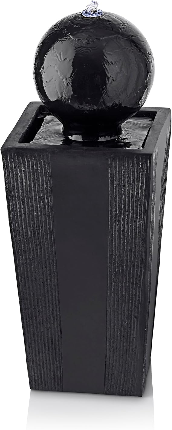 Alpine Corporation GIL786 Outdoor Floor Modern Sphere and Pedestal Soothing Waterfall Fountain for Garden 33", Black
