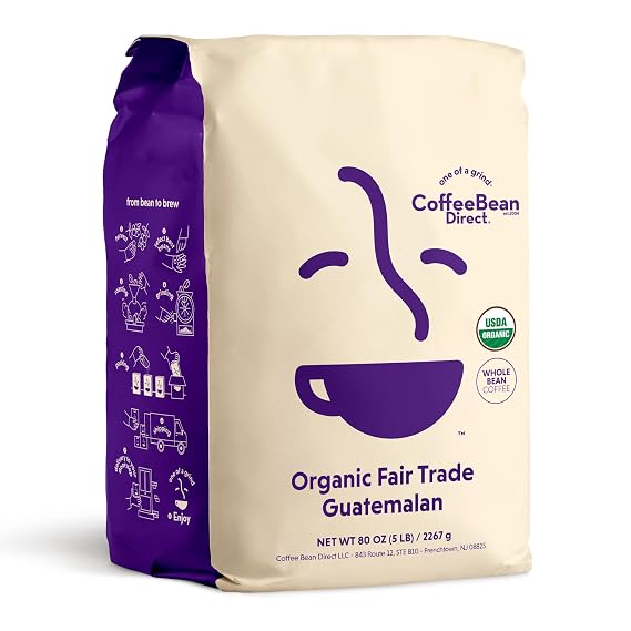 Coffee Bean Direct Organic Fair Trade Guatemalan, Whole Bean, 5lb Bag | Dark Roast, Single Origin Arabica Coffee Beans