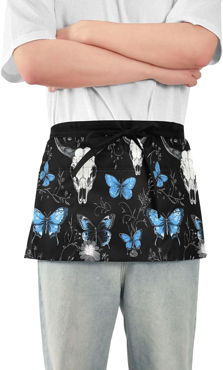 Cow Yaks Head Skeleton Blue Butterfly Apron with 3 Pockets Waterproof Servers Apron Waiter Short Half Waist Apron for Men Women Cooking 202b8499