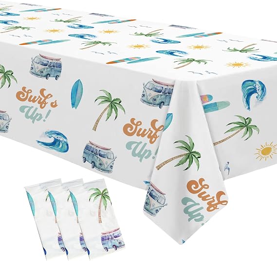 APOWBLS Surf's Up Party Decorations Tablecloth Boys, Hawaiian Beach, 3 Pack | Disposable Surf Birthday Party Supplies Table Cover, Summer Beach Wave Surfing Birthday Decorations Table Cloth, 54in x 108in