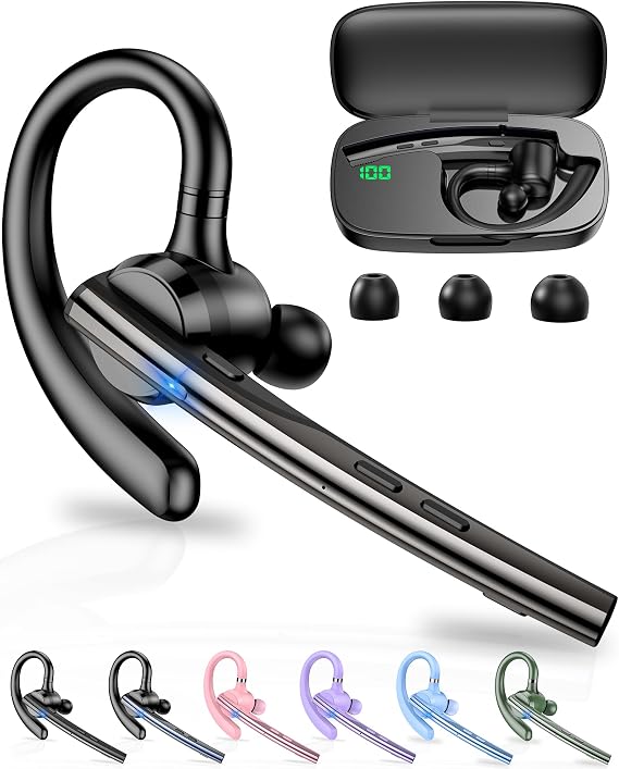 New Bee Bluetooth Headset V5.3 Bluetooth Handsfree Earpiece Dual Mic with 500mAh Charging Case 72Hrs Play Time Handsfree Phone Earpiece Wireless Headset for Driving/Business with Android iOS, Gunmetal