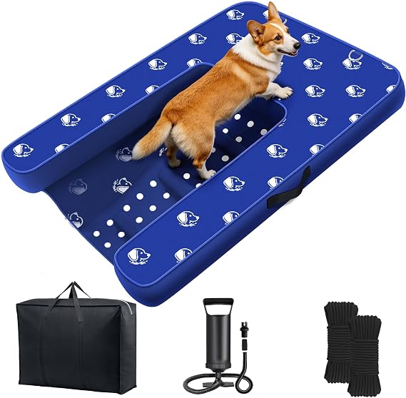 Inflatable Dock Platform, Lagre Dog Boat Ramp Floating Non-Slip Oxford and PVC with Medium Water Ramp for Dogs Pool, Dock, Lake with Traction Rope, Manual Air Pump (3.3ft x 2.3ft x 4in) M04
