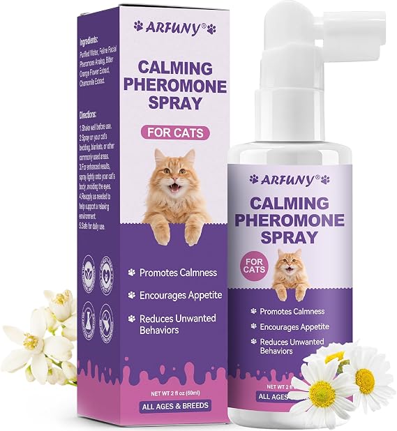 Cat Calming Spray with Pheromone, Cat Anxiety & Stress Relief, 60ML | Reduce Scratching, Fighting, Peeing, Marking, for Multi-Cat Homes, Travel, Vet Visits, with Natural Ingredients