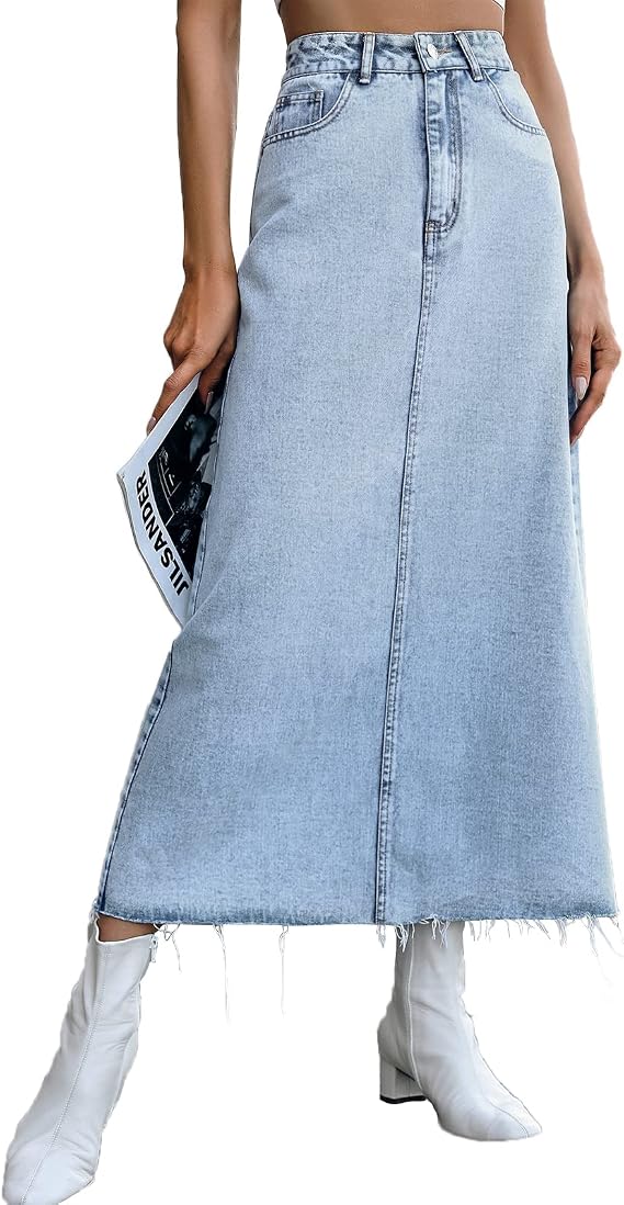 Viatabuna Long Denim Skirts for Women High Waist Stretch Jean Midi Skirt | Frayed Raw Hem A Line Flare Denim Midi Skirt with Pockets, Stretchy Long Jean Skirt for Teen Girl Ladies