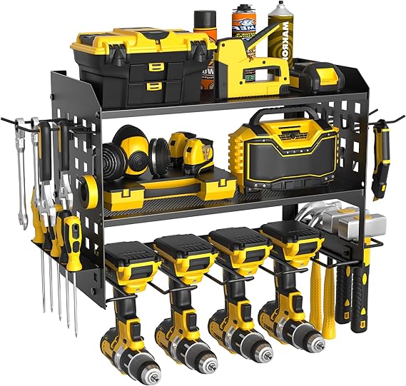 Yeabett 3 Layer Power Tool Storage, Tool Rack for 4 Drill Holders, Heavy Duty Wall Mounted Rack for Garage, Home, Workshop (Black)
