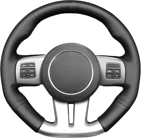Black Genuine Leather Steering Wheel Cover for Dodge Challenger (SRT) Charger (SRT) 2012 2013 2014 for Jeep Grand Cherokee (SRT) 2012 2013 Accessories Car OEM Custom Stitched Parts