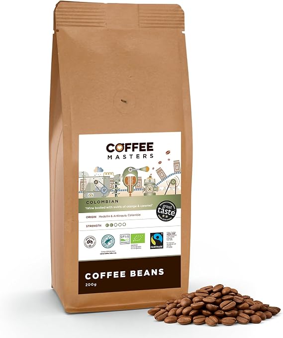 Coffee Masters Colombian Organic Coffee Beans 200g - Fairtrade Single Origin 100% Arabica - Light Roasted Whole Bean, Ideal for Espresso Machines - Great Taste Award Winner