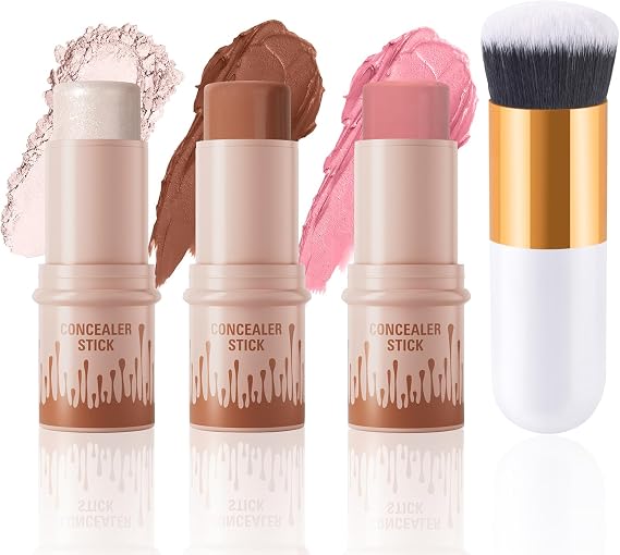 3Pcs Contour Highlighter Blush Stick, Bronzer Beauty Wand with Brush, Waterproof Long Lasting Cream Concealer for Sculpt the Cheeks, Lightweight Smooth Face Makeup Contouring Stick Set for All Skin