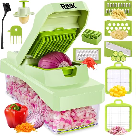 RuK 10-in-1 Vegetable Chopper 6 Blade Veggie Chopper with Container, Food Dicer, Onion Cutter, Cheese Grater, Mandoline Slicer, Kitchen Gadgets & Home Essentials (Green)