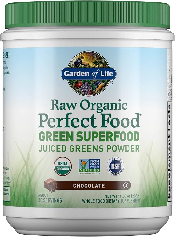 Garden of Life Raw Organic Perfect Food Green Superfood Juiced Greens Powder - Chocolate, 30 Servings - Non-GMO, Gluten Free, Vegan Whole Food Dietary Supplement, Plus Probiotics & Enzymes | Juiced Cereal Grasses, Plant Based Green Supplements for Immune Support and Digestive Support, Green Superfood