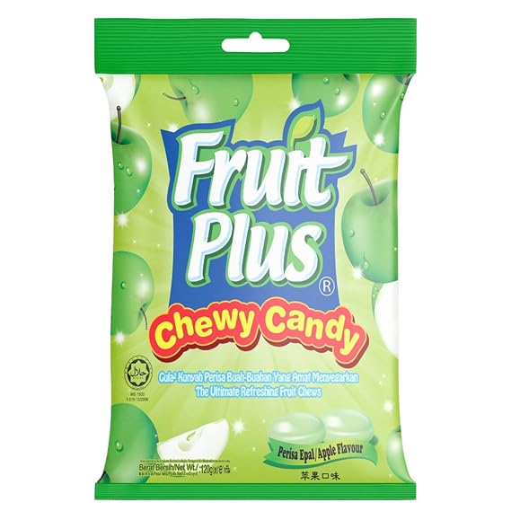 Fruit Plus Chewy Candy, Malaysian Individually Wrapped Bulk Candy, Fruit Snacks for Halloween Christmas Party, Non-Melting, 4.2 Oz Bag (Approx. 39 Count) (Green Apple)