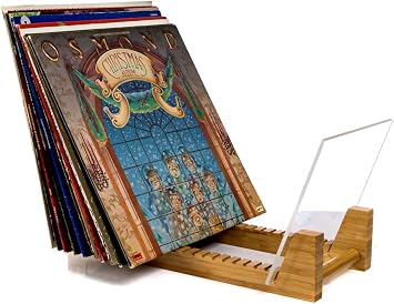 Vinyl Record Storage Holder Display 50 LPs Album Stand Rack Premium Bamboo and Acrylic Now Playing Shelf