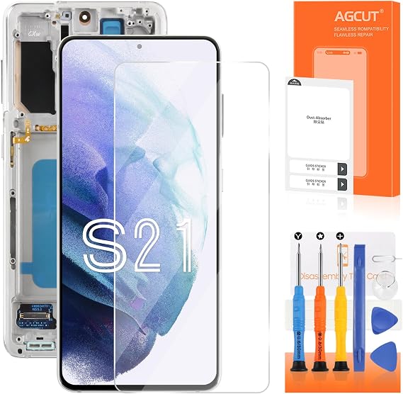 OLED for Samsung Galaxy S21 4G/5G Screen Replacement for Samsung S21 5G LCD Display SM-G991 SM-G991U SM-G991W LCD Digitizer Touch Assembly Silver with Frame(with Fingerprint Function)