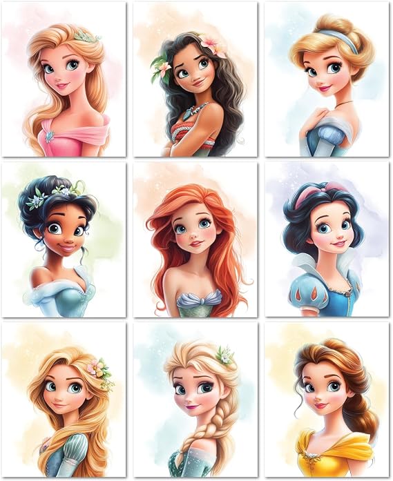Nistio Princess Wall Art for Girls Bedroom, Unframed Set of 10 (8x10) - Ariel, Belle, Cinderella, Elsa, Rapunzel, Mulan, Tiana, Moana, Snow White, Aurora
