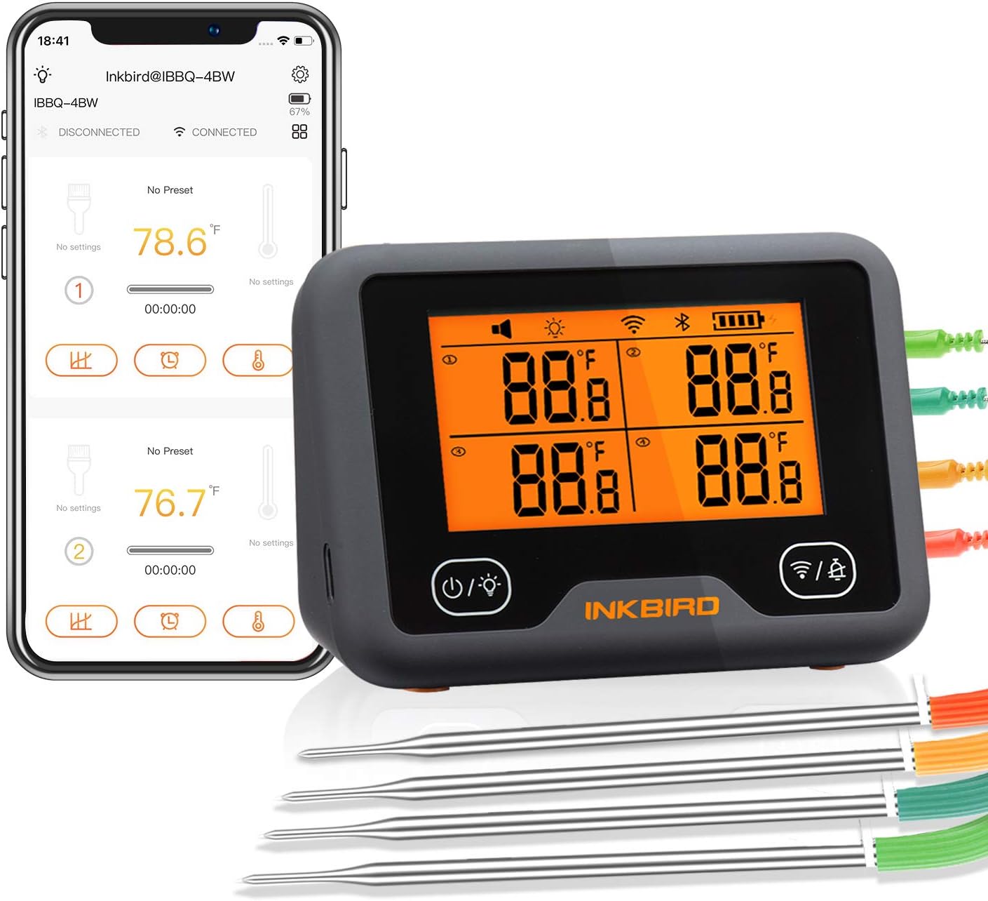 INKBIRD Wi-Fi Bluetooth Barbecue Thermometer IBBQ-4BW Rechargeable Wireless BBQ Thermometer with 4 Probes Temp Graph Calibration Timer Temp Alarm Digital Meat Thermometer