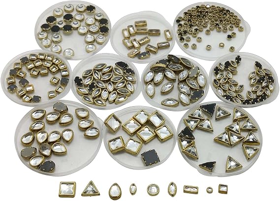 Aumni Crafts Glue On Metal Embellishments (250+ PCs) Mixed Shapes & Sizes Flat Back Kundan Stones Clear for Jewelry Making Garments