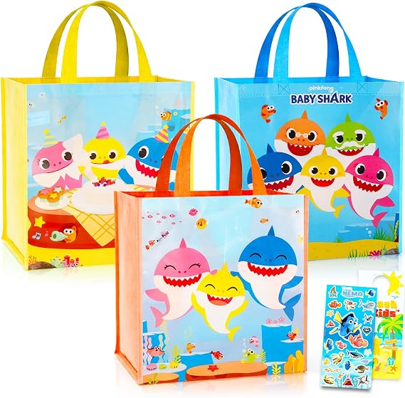 Baby Shark Tote Bags, Large Reusable Grocery Bags - 3 Pack Bundle | Baby Shark 13.5" x 16" Tote Bags for Shopping Groceries Gift Bags for Kids Adults Boys Girls, Stickers, More