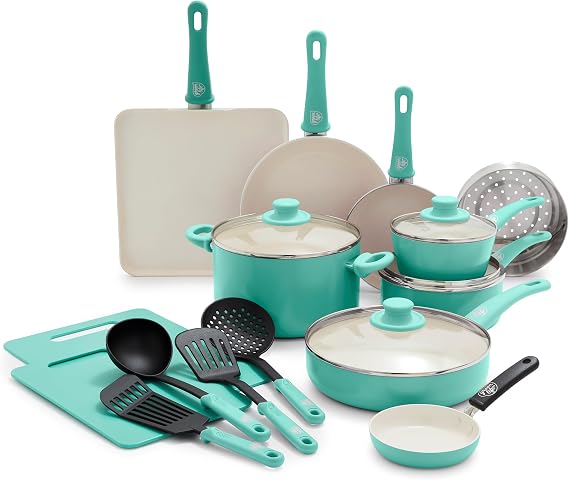 GreenLife 7" and 10" Frying Pan Skillets, 2 Cutting Boards, and 6QT Slow Cooker Versatile Kitchen Essential Set, Healthy Ceramic Nonstick, PFAS & PFOA-Free, Dishwasher Safe, Turquoise